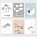 Set of night cards with cute cartoon animals, stars and moon. Posters for baby rooms.