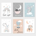 Set of night cards with cute cartoon animals, stars and moon. Posters for baby rooms. Sweet dreams Royalty Free Stock Photo