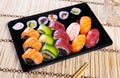 Set of nigiri sushi, uramaki and norimaki rolls in plastic tray Royalty Free Stock Photo
