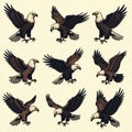 Set of Nine Bald Eagles in Flight Royalty Free Stock Photo