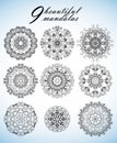 Set with nine beautiful mandalas. Vector ornaments for your design. Royalty Free Stock Photo