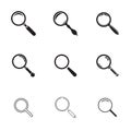 Set of nine black icons of magnifier glasses isolated on a white background Royalty Free Stock Photo