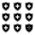 Medical Shield Icons: Set of Nine Black and White Cross Symbols Royalty Free Stock Photo