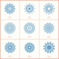 Set of nine blue color oriental flower mandala on white background.