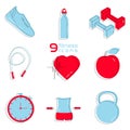 the set of nine blue and red flat simple fitness icons