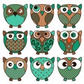 Set of nine funny oval owls in dark colors