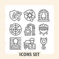 Set of nine clean line icons depicting security, settings, energy, factory, storage, profile, and user interface Royalty Free Stock Photo