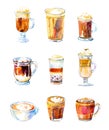 Set of nine coffee drinks. Watercolor hand drawn sketch illustration with glasses and mugs