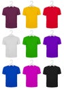 Set of nine colored cotton T-shirts on hangers