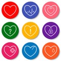 Set of nine colorful flat heart icons. Double hearts, broken heart, heartbeat, locked heart. Valentine Day icons.