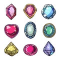 Set nine colorful gemstones various shapes sparkling cartoon style. Bright precious stones Royalty Free Stock Photo