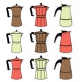 A set of nine colorful geyser Italian coffee makers in a flat line style. Vector illustration