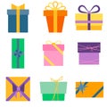 Set of nine colorful icons of gift boxes Royalty Free Stock Photo