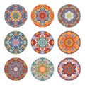 Set of nine colorful mandalas on white background. Vector illustration Royalty Free Stock Photo