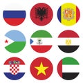 set of nine country flags in a round shape consisting of Montenegro, Russia, Vietnam, Egypt, and several other countries Royalty Free Stock Photo