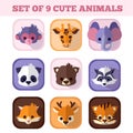 Set of nine cute animals flat icons.