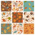 Set of nine cute autumn seamless patterns. Vector graphics