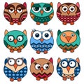 Nine funny various oval owls