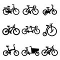 Set of nine different bicycle silhouettes icon collection on a white background Royalty Free Stock Photo