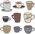 Set of nine different cups. Mugs with coffee and cocoa vector illustration collection