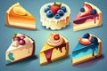 a set of nine different desserts with fruit on top of them, including cake, pie, and ice cream on a blue background Royalty Free Stock Photo