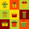 Set of nine different gift boxes on colorful background. Royalty Free Stock Photo