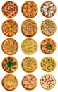 A set of nine different pizza for the menu, with cheese, with ham, with salami, with mushrooms, with holopina with tomatoes on Royalty Free Stock Photo