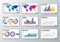 Collection of nine presentation slides featuring diverse data visualizations and world maps isolated on white background Royalty Free Stock Photo