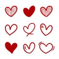 Set of nine doodle heart with hand drawn style. red love sketch doodle isolated on white background