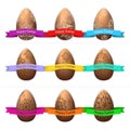 Set of nine Easter eggs made of chocolate on a transparent background with ribbon