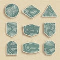 Set of nine empty topographic map travel emblems. Outdoor adventure emblems, badges and logo patches. Map pattern with