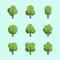 Set of nine flat trees in green tones