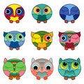 Set of nine funny owls