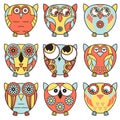 Set of nine funny owls in oval forms