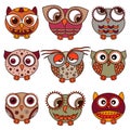 Set of nine funny owls in oval shapes