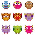 Set of nine funny owls in oval shapes