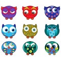 Set of nine funny various oval owls