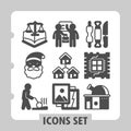 Set of nine glyph style icons featuring security, teamwork, property, data, cooking, and maintenance themes ideal for Royalty Free Stock Photo