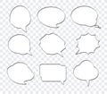 Set of nine hand drawn comic speech bubbles with white fill in pop art style. Empty clouds with space for text