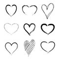 Set of nine hand drawn heart. Hand drawn rough marker hearts isolated on white background. Vector for your graphic design