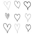 Set of nine hand drawn heart. Hand drawn rough marker hearts isolated on white background. Vector for your graphic design