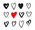 Set of nine hand drawn heart. Handdrawn rough marker hearts isolated on white background. Vector illustration for your Royalty Free Stock Photo