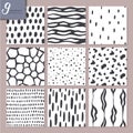 Set of nine hand drawn seamless abstract patterns in black and white colors. Royalty Free Stock Photo