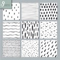 Set of nine hand drawn seamless abstract patterns in black and white colors. Royalty Free Stock Photo