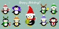 A set of nine happy penguin characters in different hats and accessories. Celebrates New Year and Christmas. Cartoon