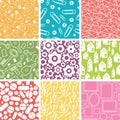 Set of nine household objects seamless patterns