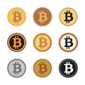Set of nine icons of the Bitcoin symbol.