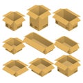 Set of nine isometric open cardboard transportation boxes, parcels isolated on white background. Royalty Free Stock Photo