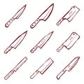 Set of nine kitchen knives vector Royalty Free Stock Photo