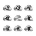 Set of nine metal cloud icons with different interface signs, on white